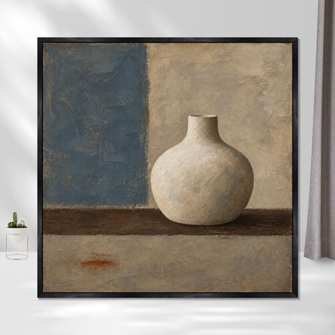 INVIN ART Framed Canvas 100% Handpainted Oil Painting Pale Vase Against Blue Wall Art