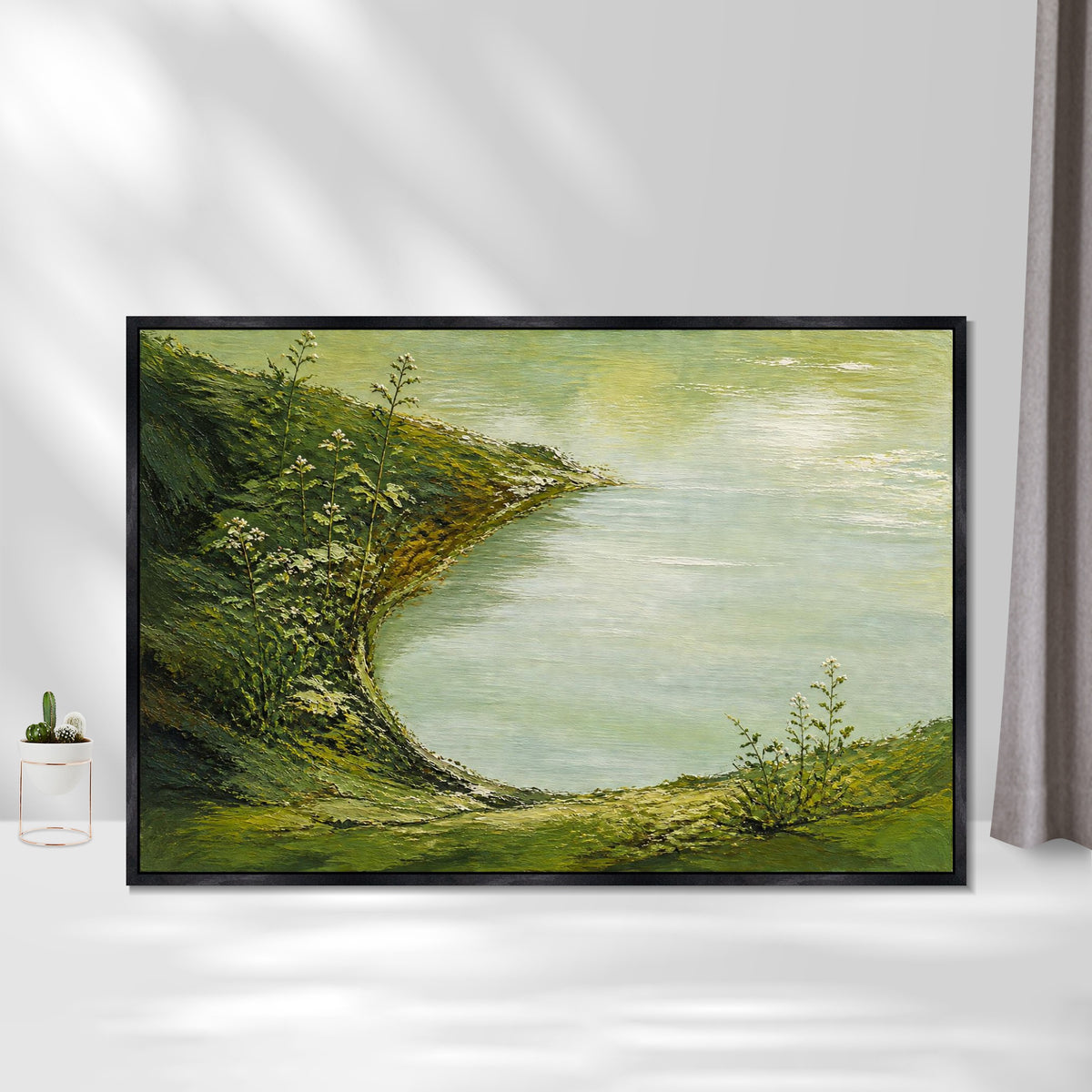 INVIN ART Framed Canvas 100% Handpainted Oil Painting Green Shore and Lake Cove Wall Art
