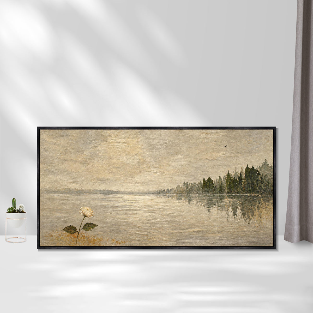 INVIN ART Framed Canvas 100% Handpainted Oil Painting One Flower by the Lake Wall Art