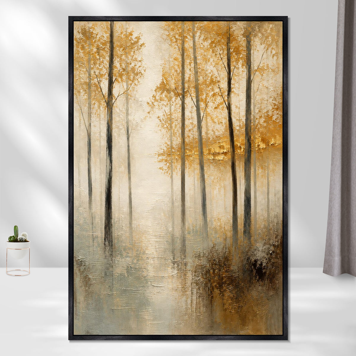 INVIN ART Framed Canvas 100% Handpainted Oil Painting Golden Leaves in Mist Wall Art