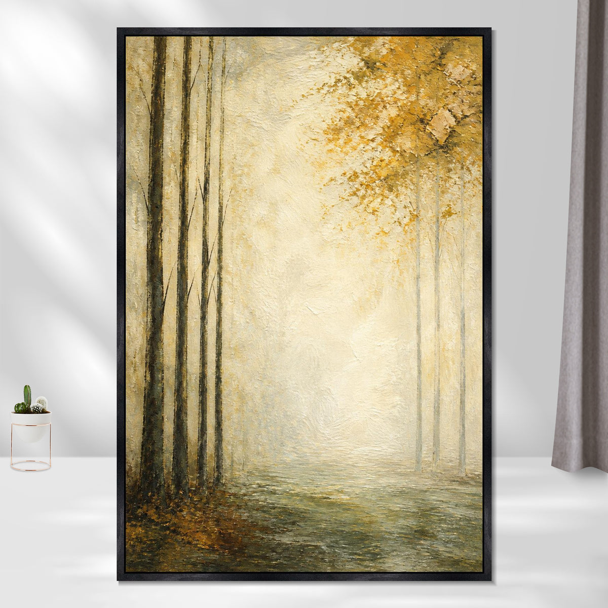 INVIN ART Framed Canvas 100% Handpainted Oil Painting Morning Light at the Forest Edge Wall Art