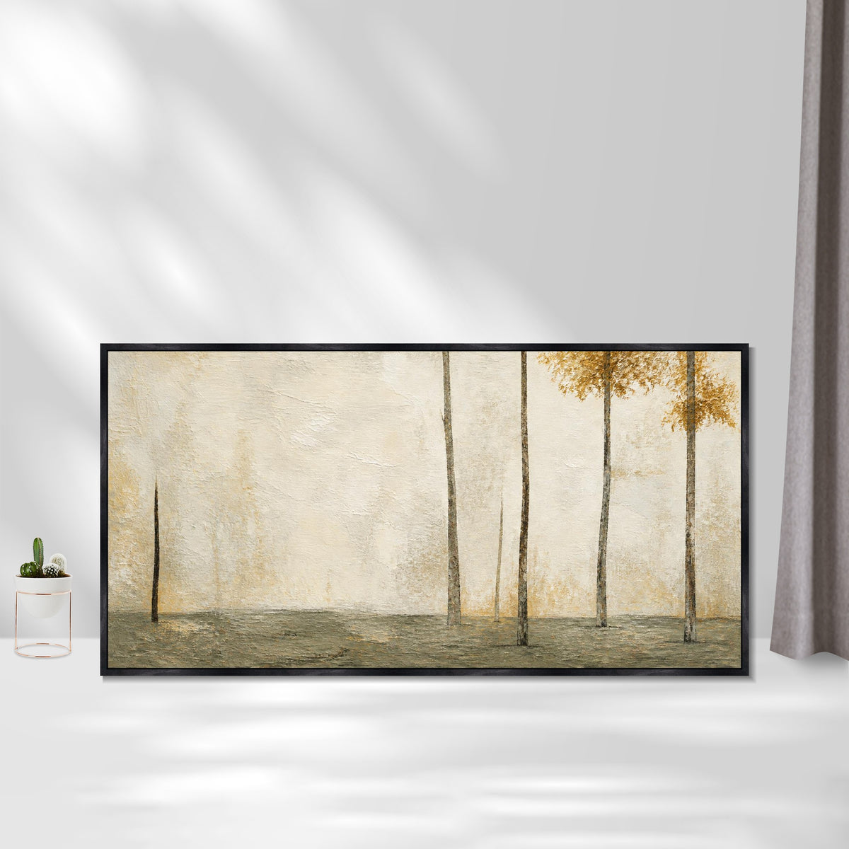 INVIN ART Framed Canvas 100% Handpainted Oil Painting Sparse Trees in Pale Gold Wall Art