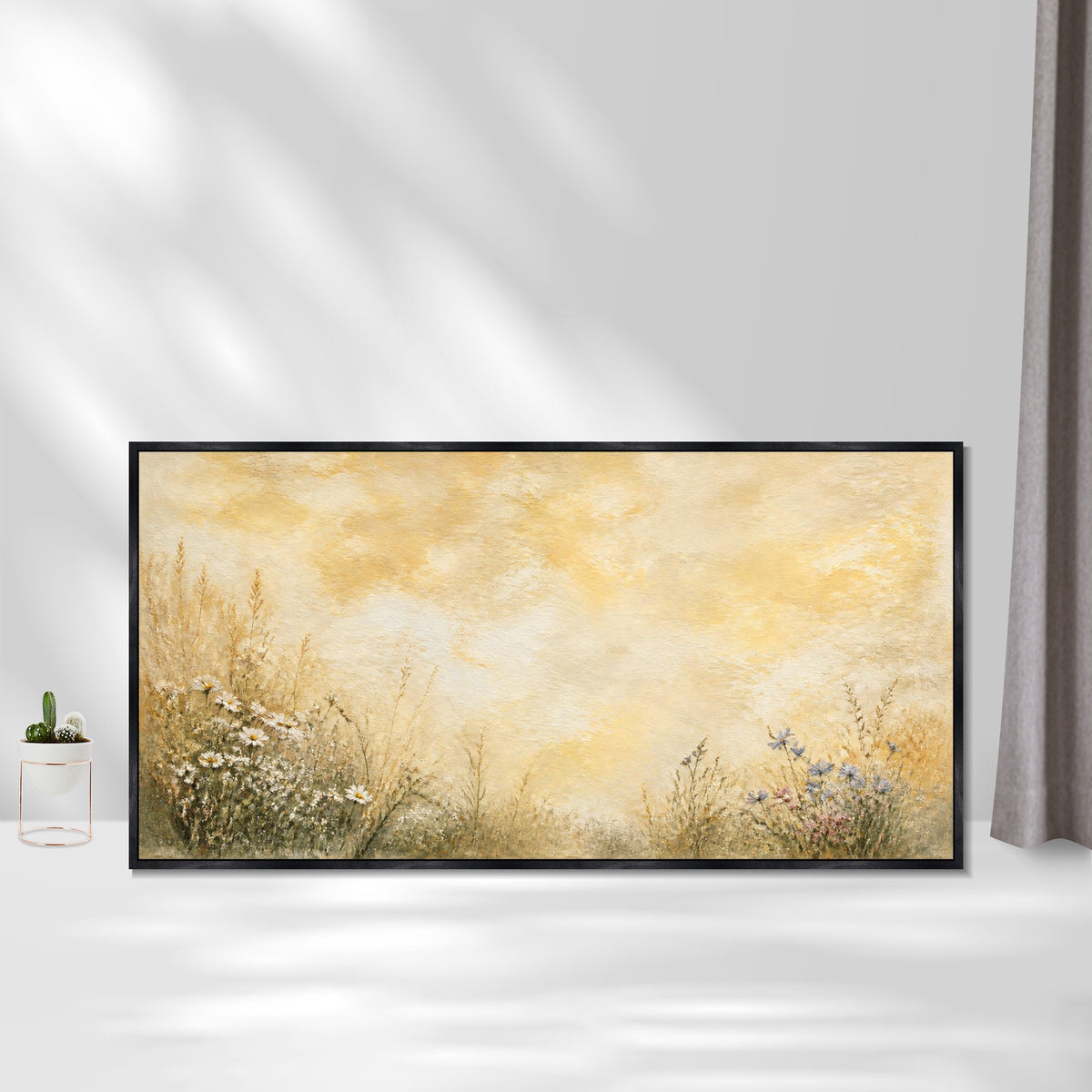 INVIN ART Framed Canvas 100% Handpainted Oil Painting Flowers Beneath Golden Clouds Wall Art