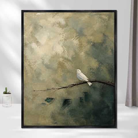 INVIN ART Framed Canvas 100% Handpainted Oil Painting White Bird on a Branch Wall Art