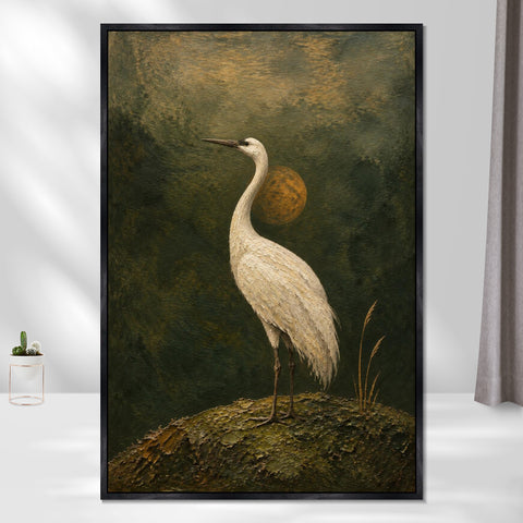 INVIN ART Framed Canvas 100% Handpainted Oil Painting Crane at Dusk Minimal Bird Landscape Wall Art