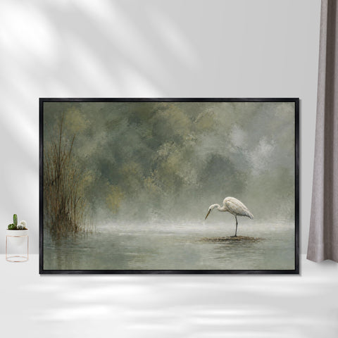 INVIN ART Framed Canvas 100% Handpainted Oil Painting Heron in Mist Minimal Bird Landscape Wall Art