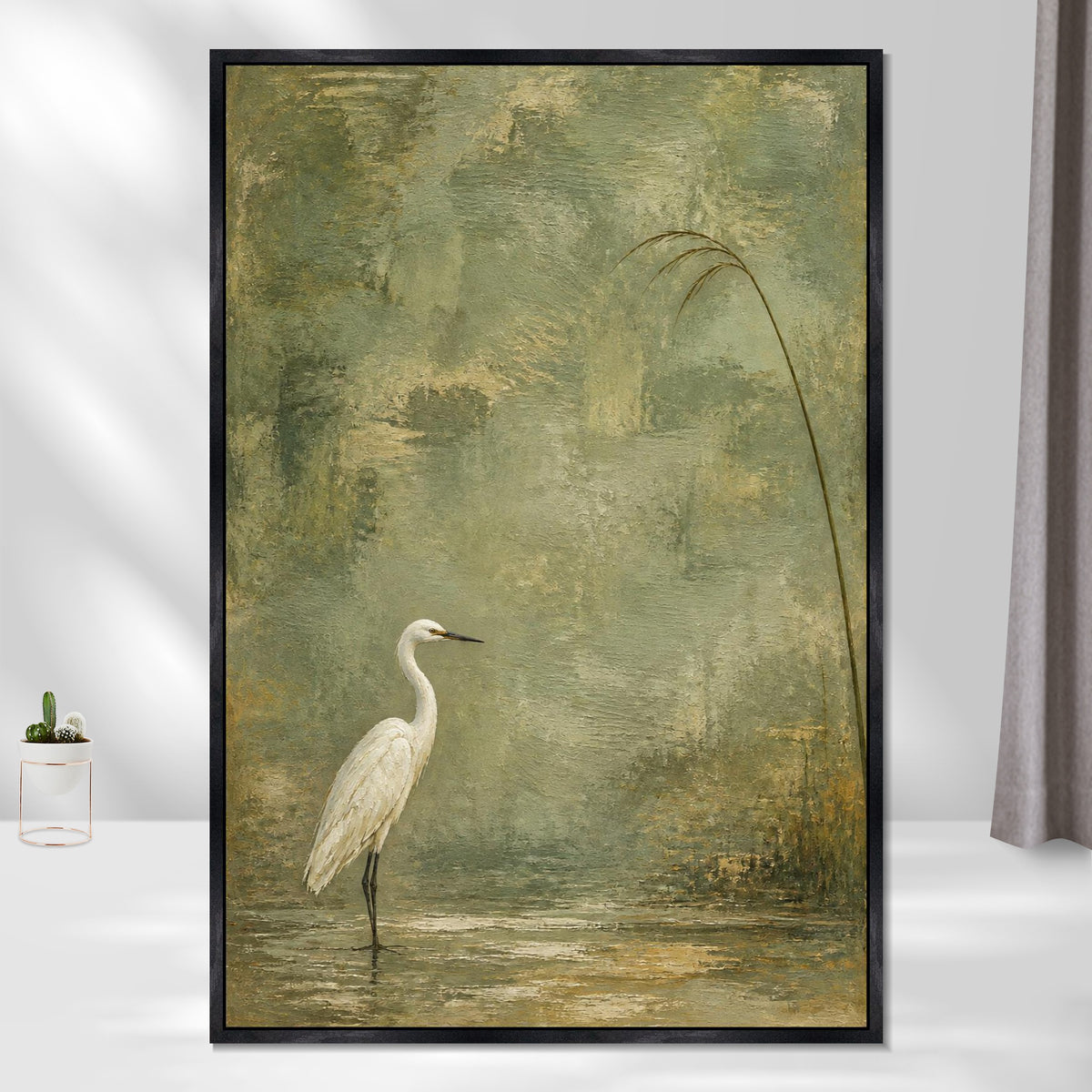 INVIN ART Framed Canvas 100% Handpainted Oil Painting White Heron Beneath a Reed Wall Art