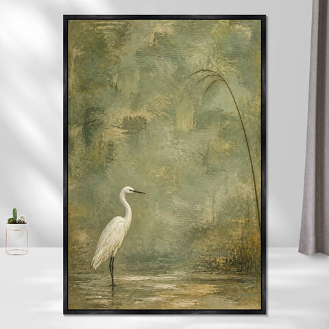 INVIN ART Framed Canvas 100% Handpainted Oil Painting White Heron Beneath a Reed Wall Art