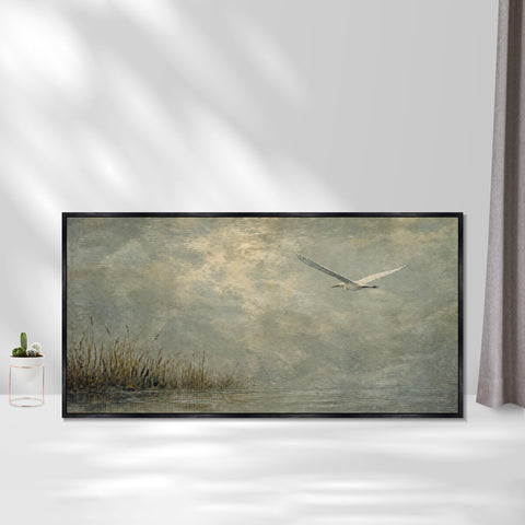 INVIN ART Framed Canvas 100% Handpainted Oil Painting Bird Above the Reed Shore Wall Art