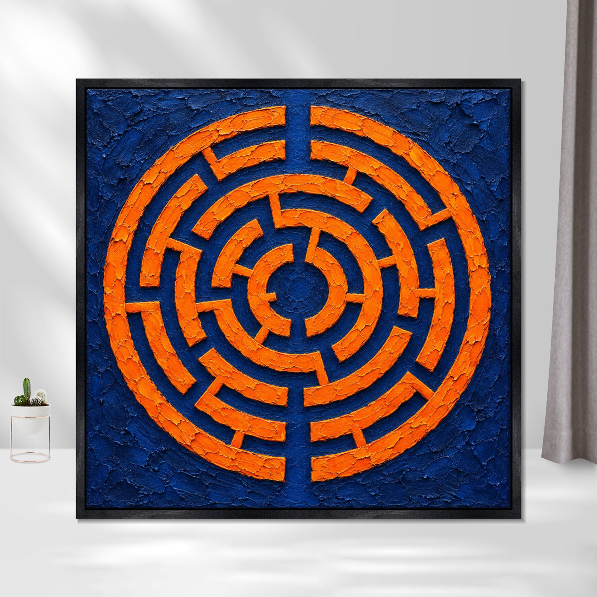 INVIN ART Framed Canvas 100% Handpainted Oil Painting Orange Maze on Indigo Wall Art