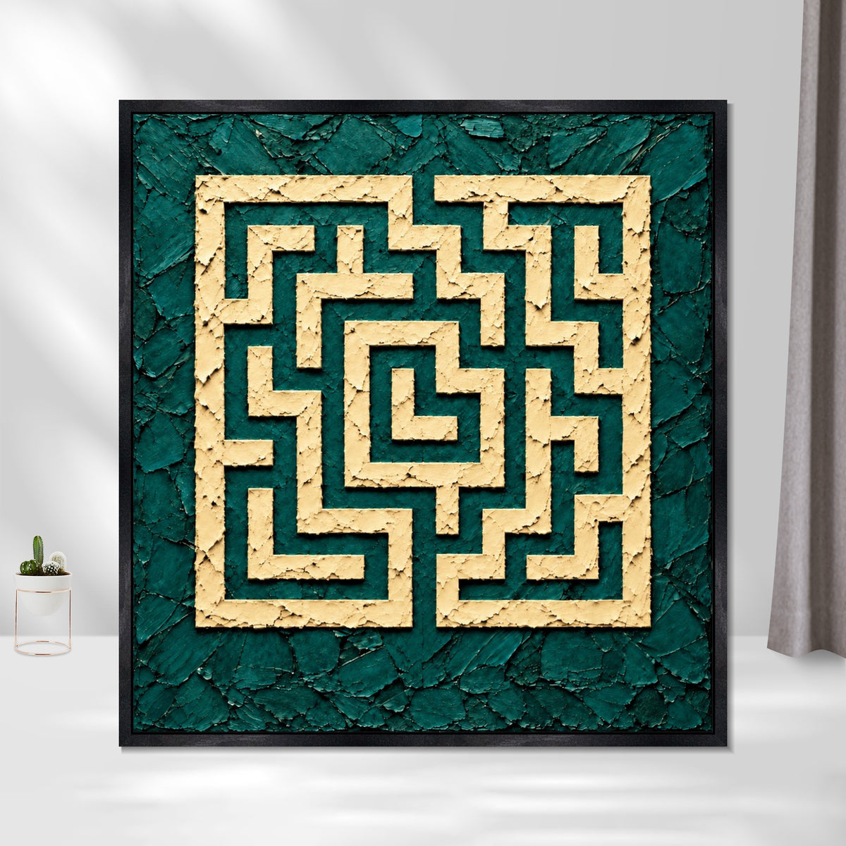 INVIN ART Framed Canvas 100% Handpainted Oil Painting Ivory Maze on Teal Wall Art