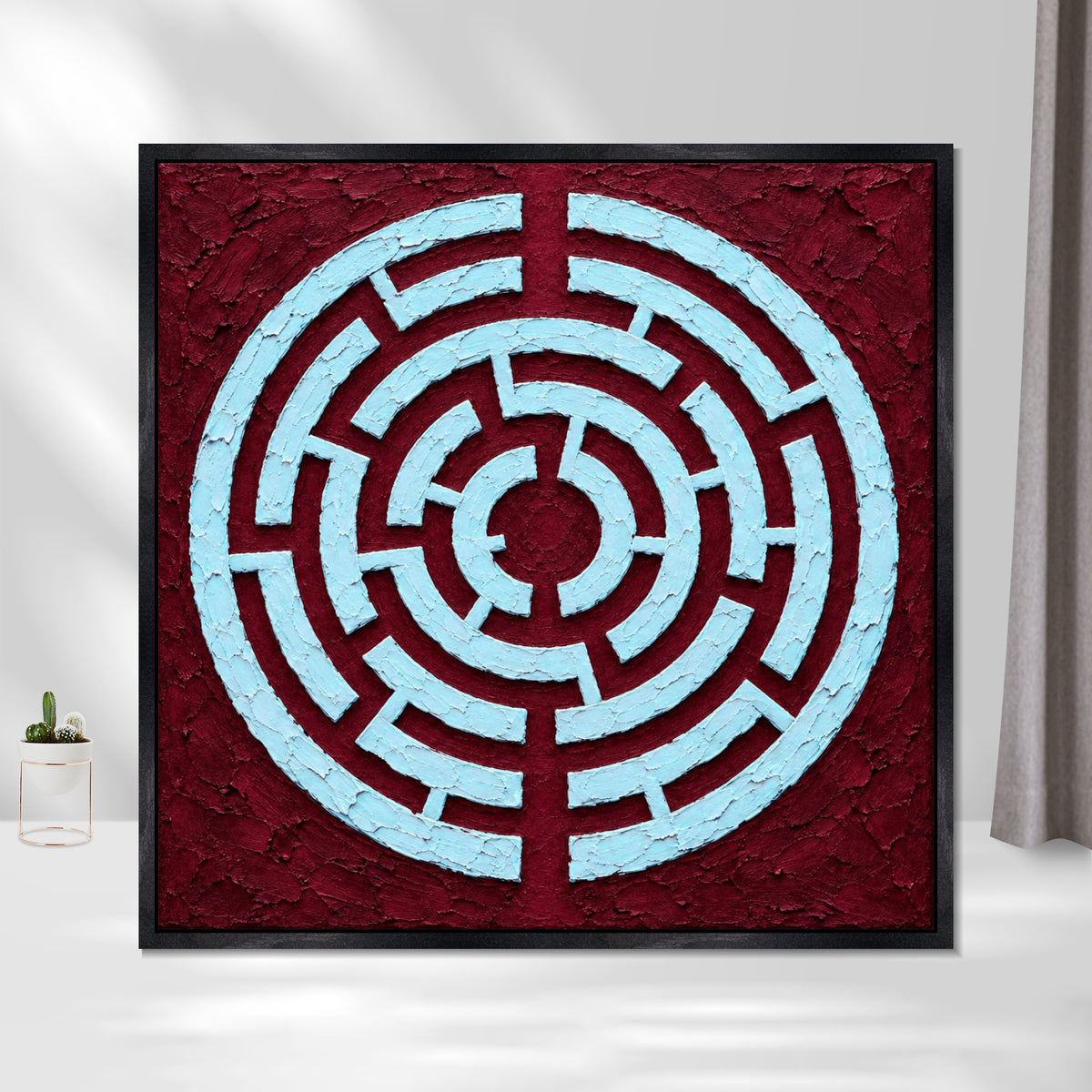 INVIN ART Framed Canvas 100% Handpainted Oil Painting Ice Blue Maze on Burgundy Wall Art