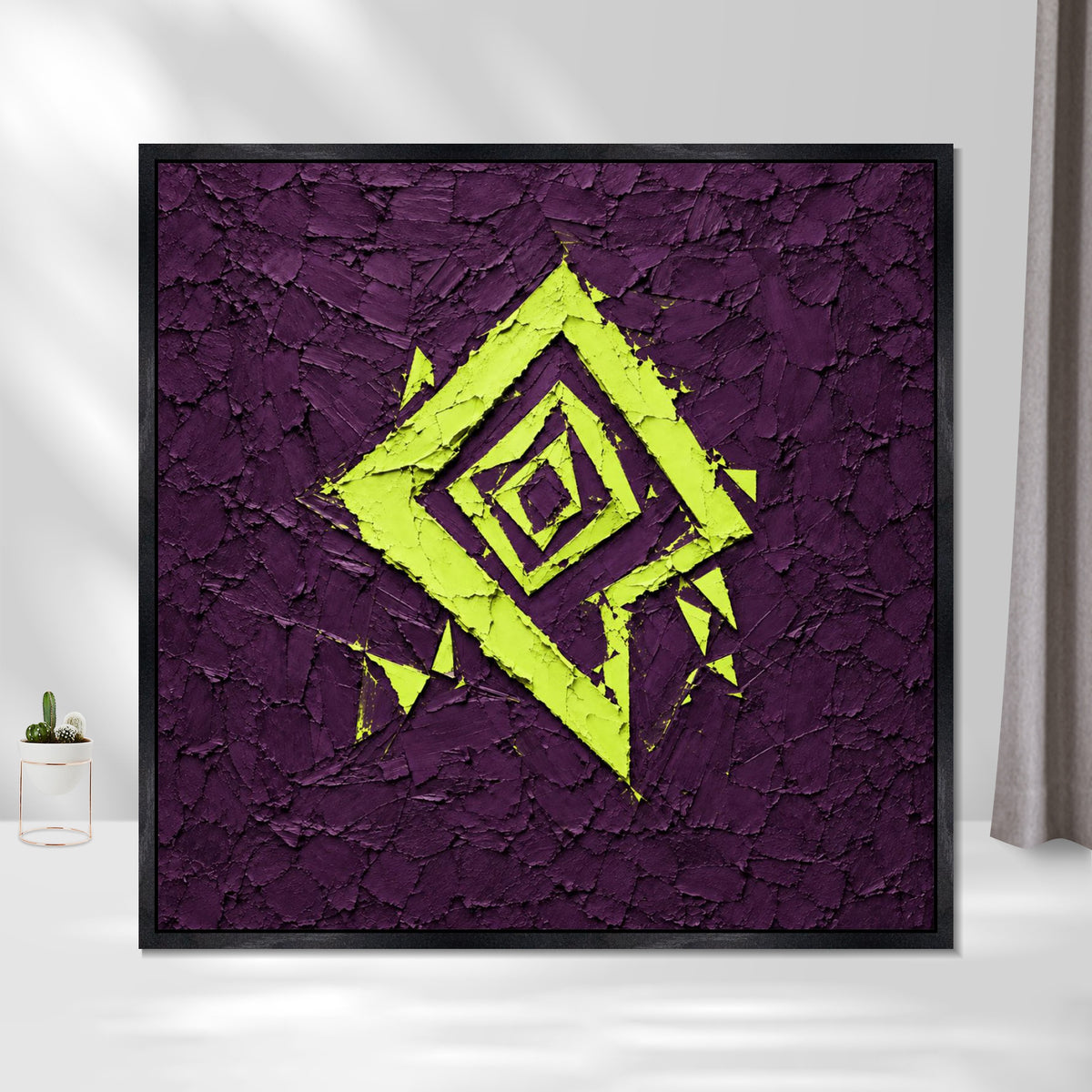 INVIN ART Framed Canvas 100% Handpainted Oil Painting Lime Diamond on Purple Wall Art