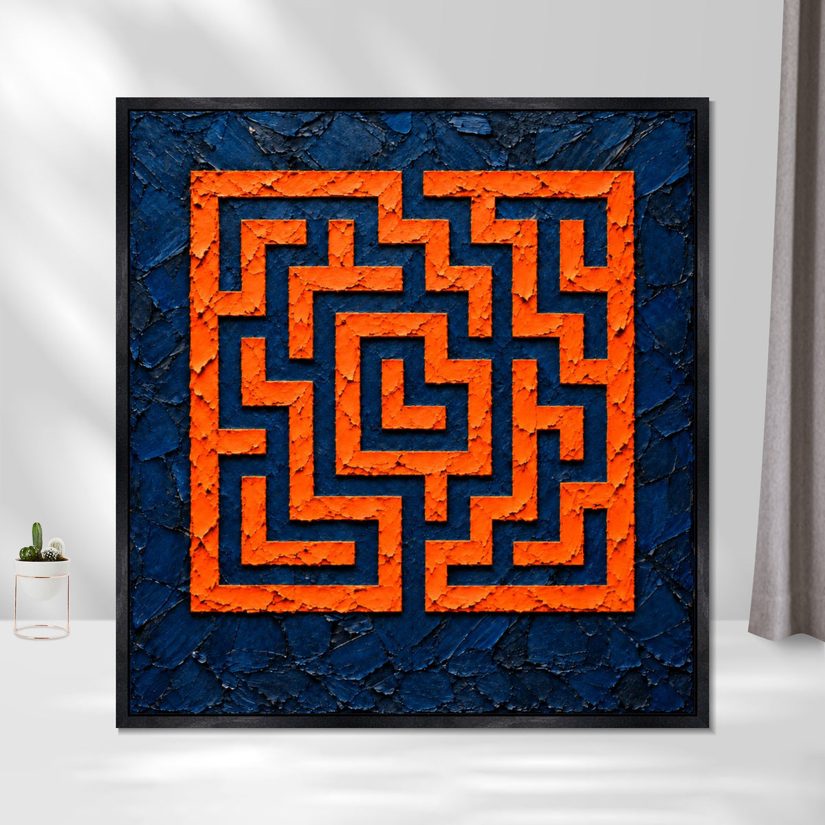INVIN ART Framed Canvas 100% Handpainted Oil Painting Orange Square Maze Wall Art