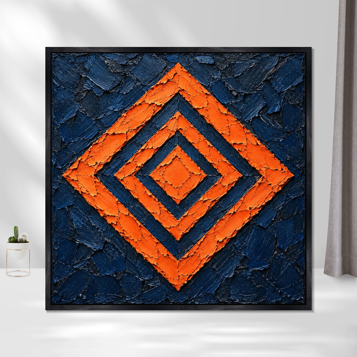 INVIN ART Framed Canvas 100% Handpainted Oil Painting Orange Concentric Diamonds Wall Art