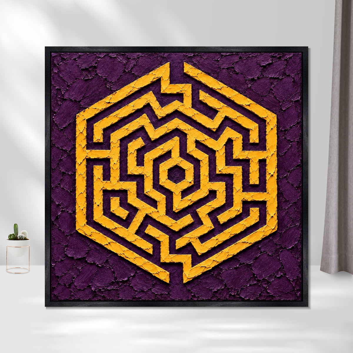 INVIN ART Framed Canvas 100% Handpainted Oil Painting Golden Hexagon Maze Wall Art
