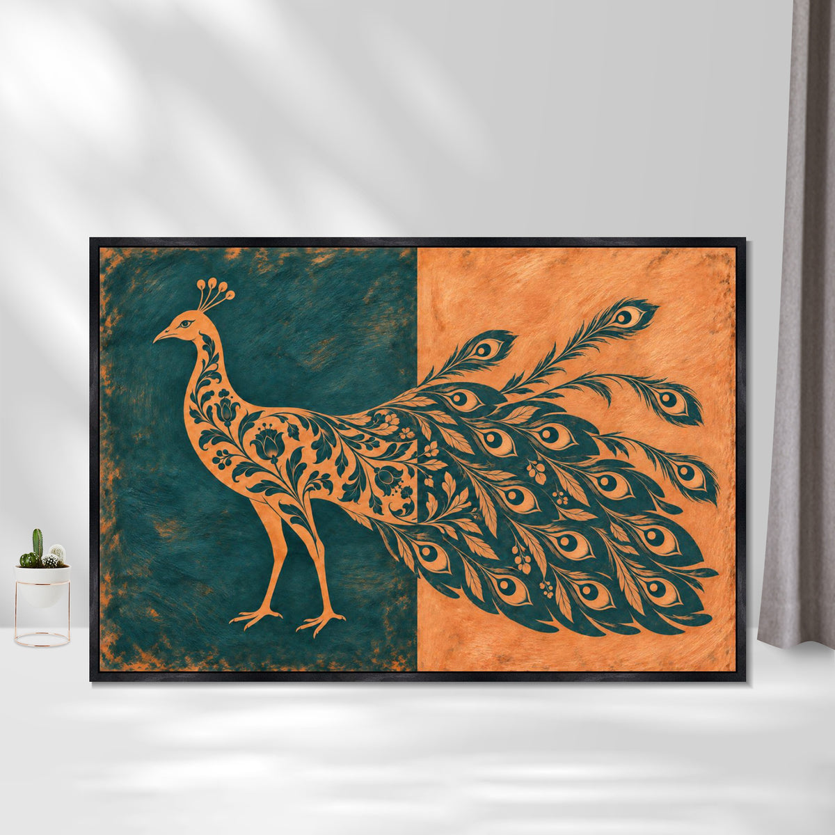 INVIN ART Framed Canvas 100% Handpainted Oil Painting Teal and Peach Peacock Wall Art