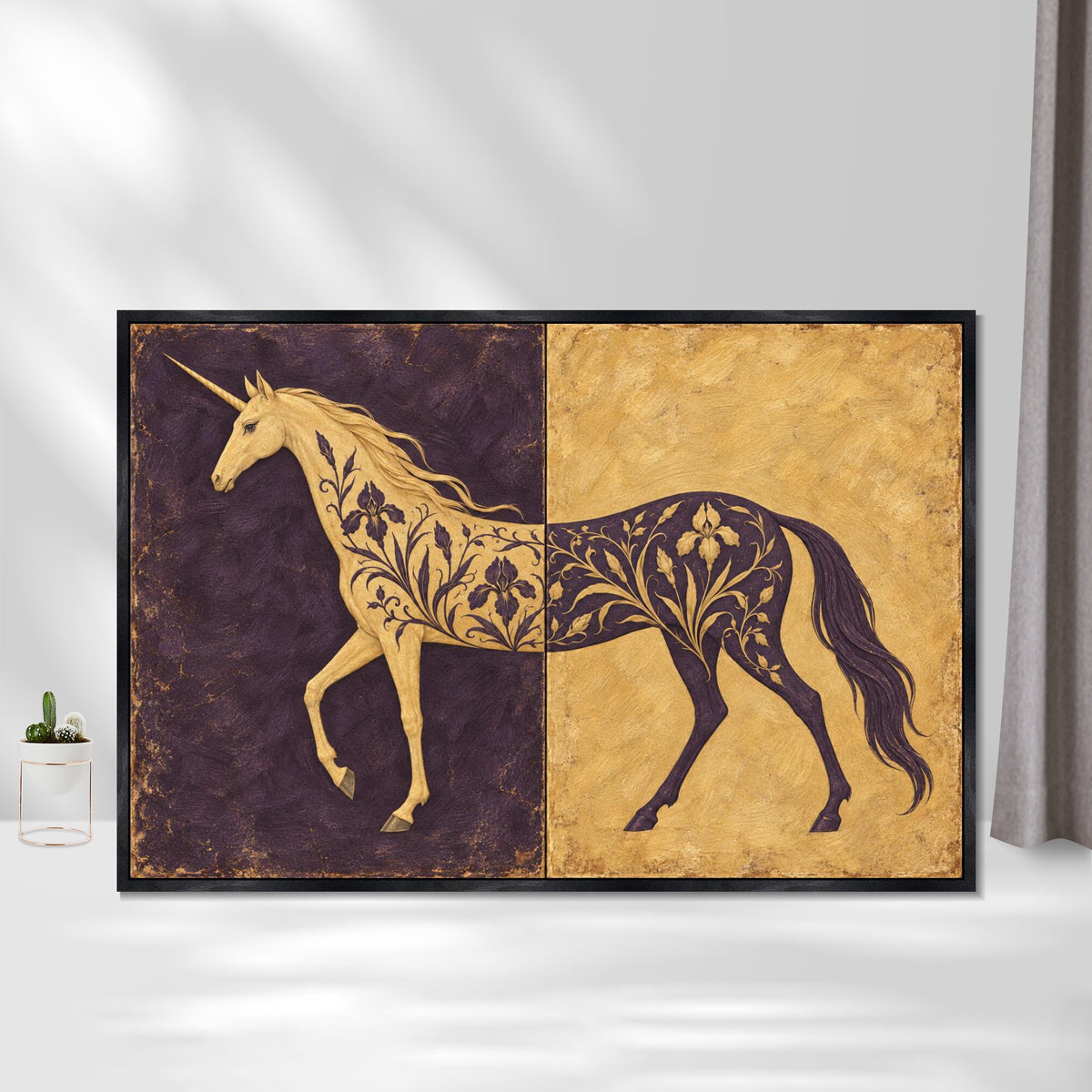 INVIN ART Framed Canvas 100% Handpainted Oil Painting Unicorn in Plum and Gold Wall Art