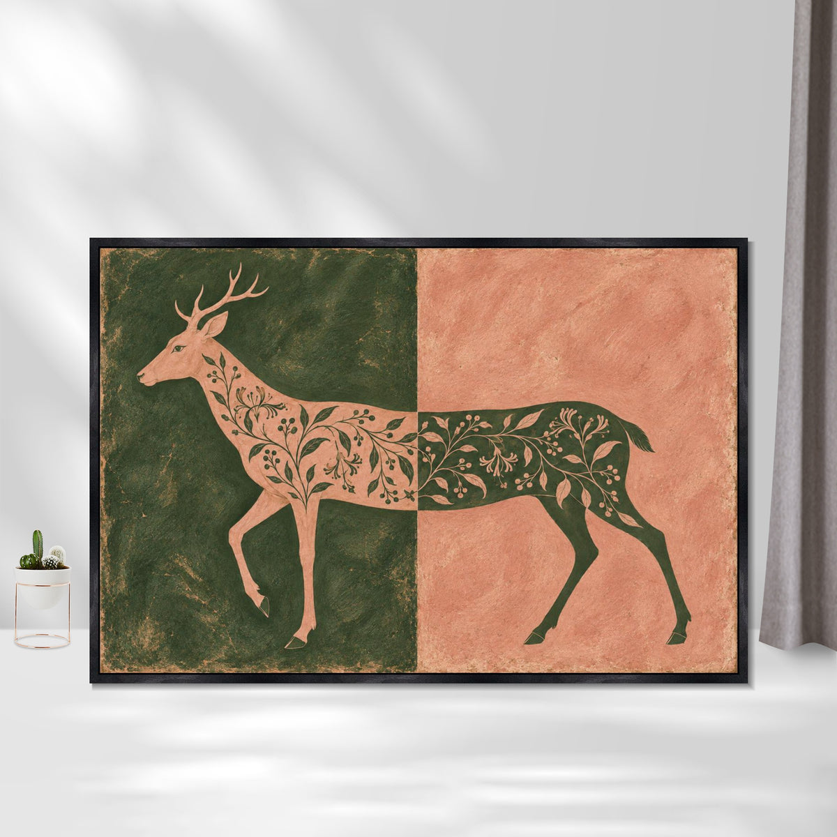 INVIN ART Framed Canvas 100% Handpainted Oil Painting Deer in Moss and Coral Wall Art