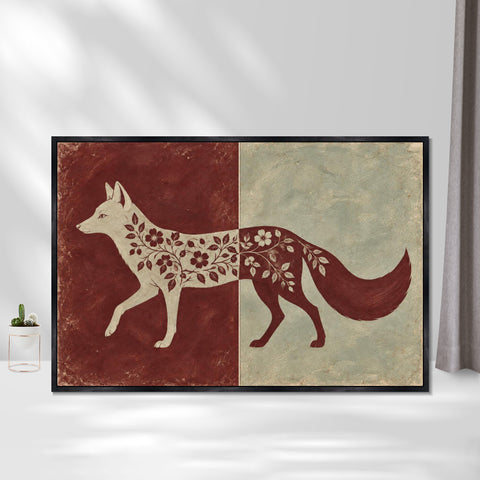INVIN ART Framed Canvas 100% Handpainted Oil Painting Fox in Burgundy and Celadon Wall Art