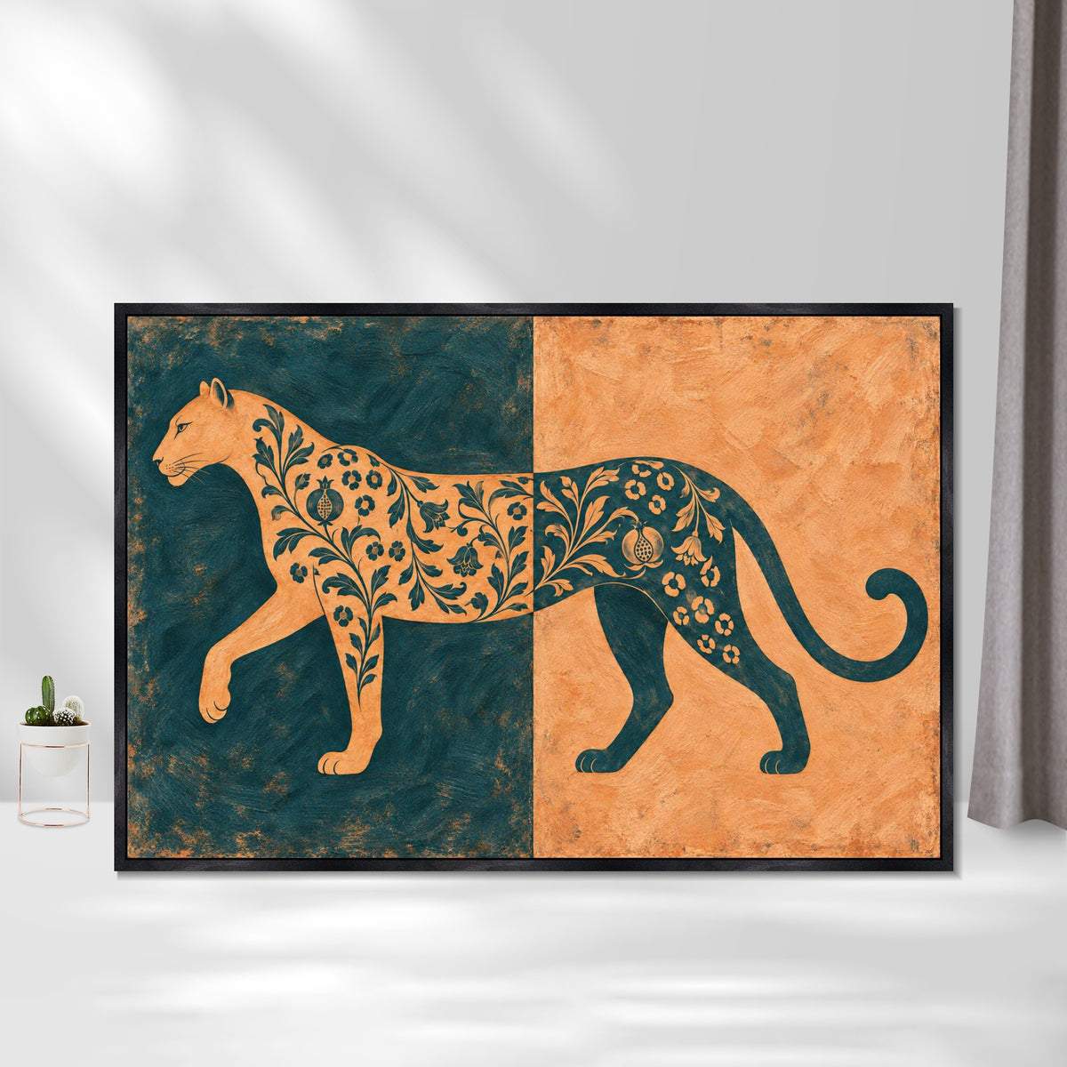 INVIN ART Framed Canvas 100% Handpainted Oil Painting Leopard in Teal and Peach Wall Art