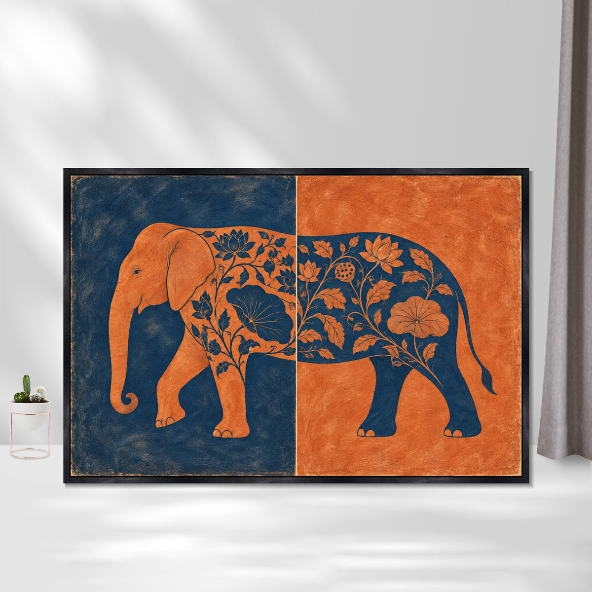 INVIN ART Framed Canvas 100% Handpainted Oil Painting Elephant in Indigo and Coral Wall Art