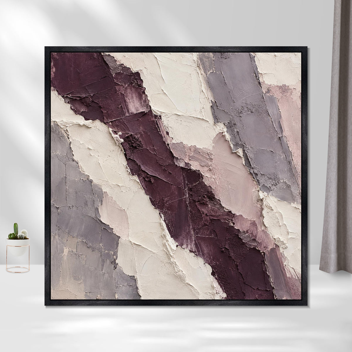 INVIN ART Framed Canvas 100% Handpainted Oil Painting Plum-Colored Strata Wall Art