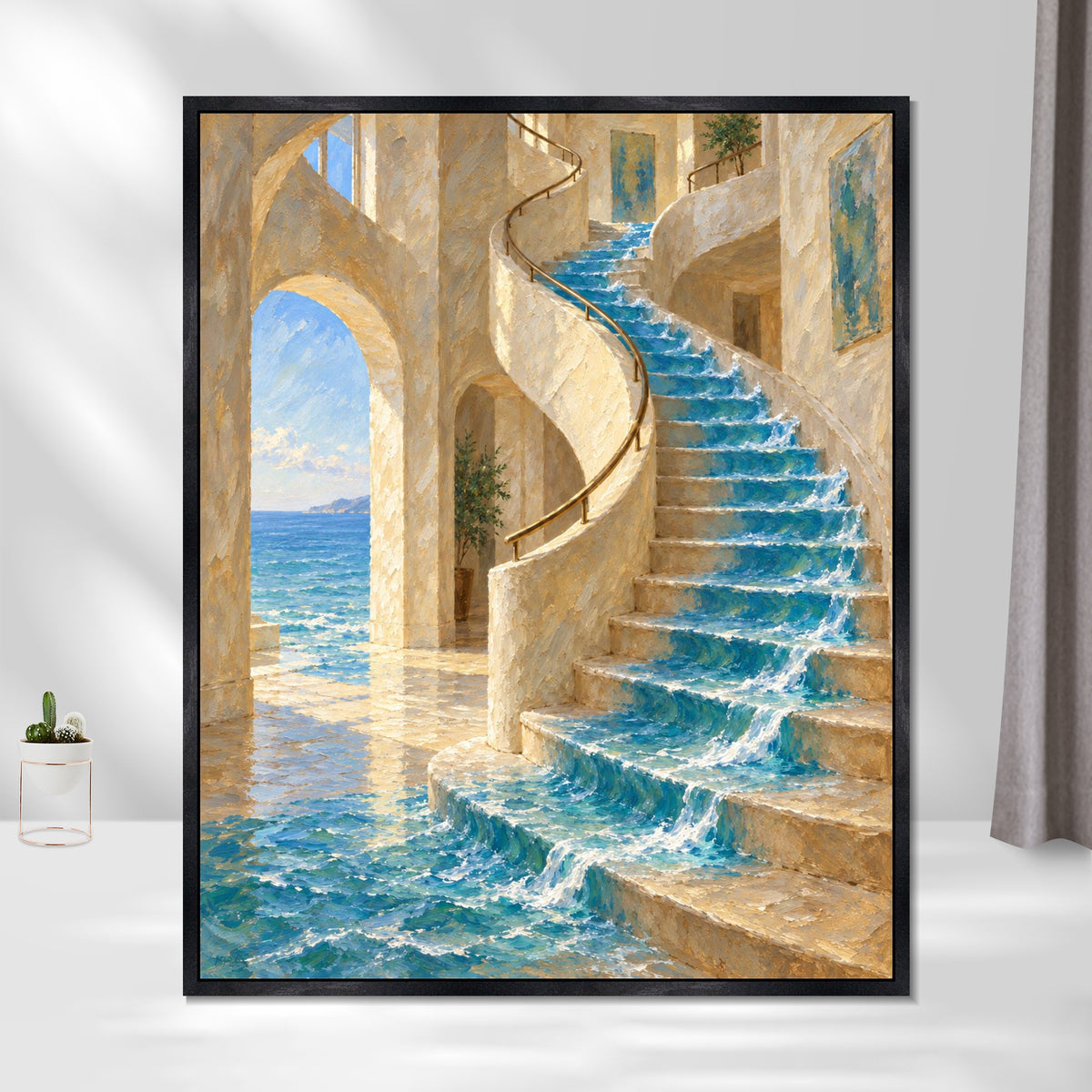 INVIN ART Framed Canvas 100% Handpainted Oil Painting The Sea on the Staircase Wall Art