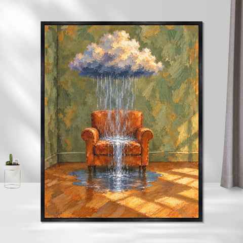 INVIN ART Framed Canvas 100% Handpainted Oil Painting Armchair Beneath a Rain Cloud Wall Art