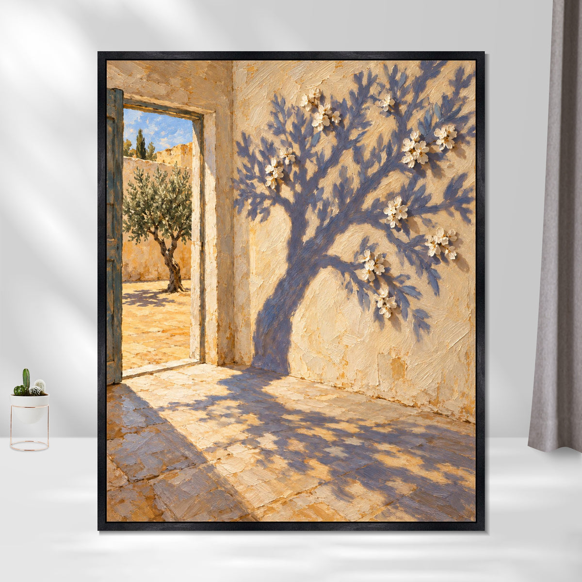 INVIN ART Framed Canvas 100% Handpainted Oil Painting A Flowering Shadow by the Door Wall Art