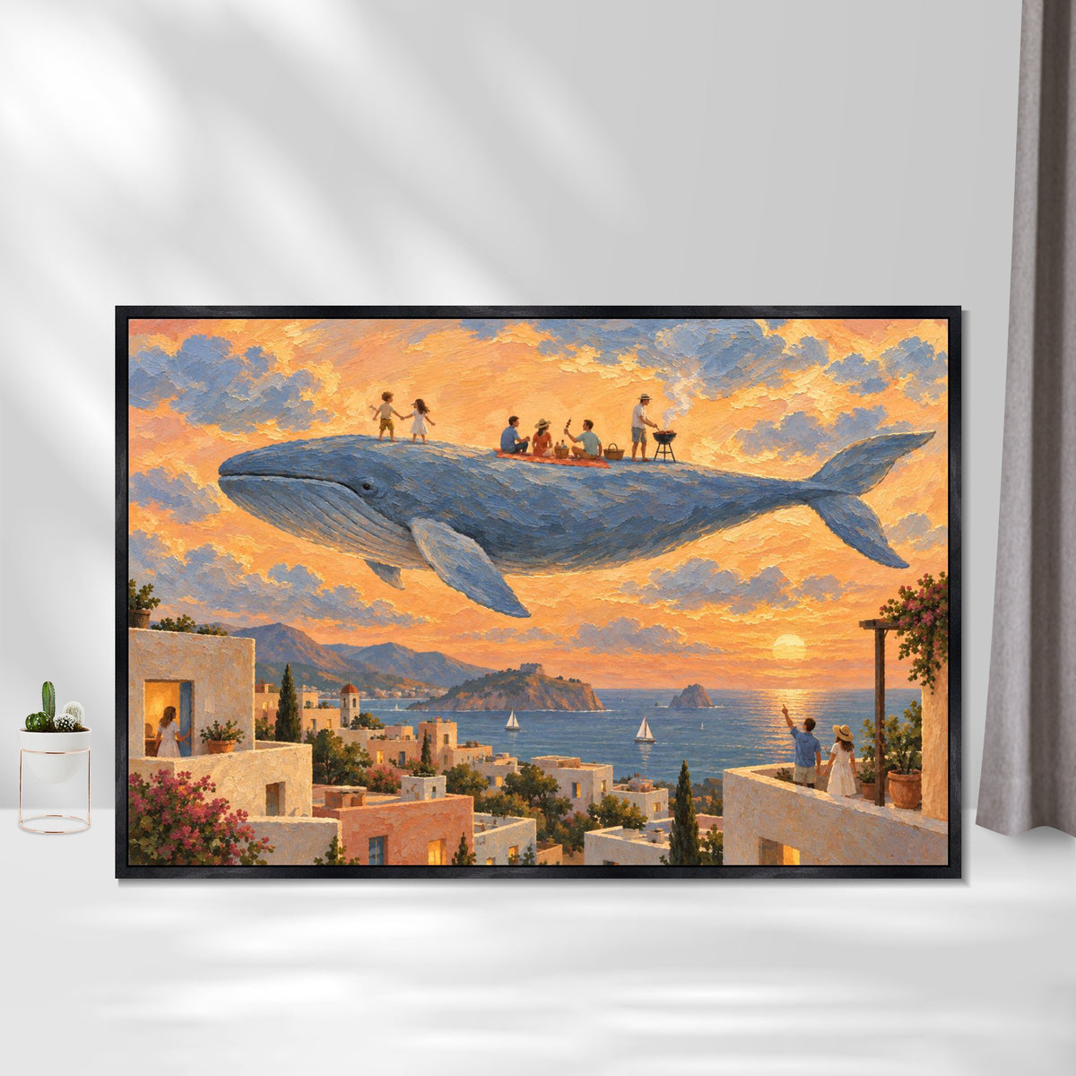 INVIN ART Framed Canvas 100% Handpainted Oil Painting Gathering on the Flying Whale Wall Art