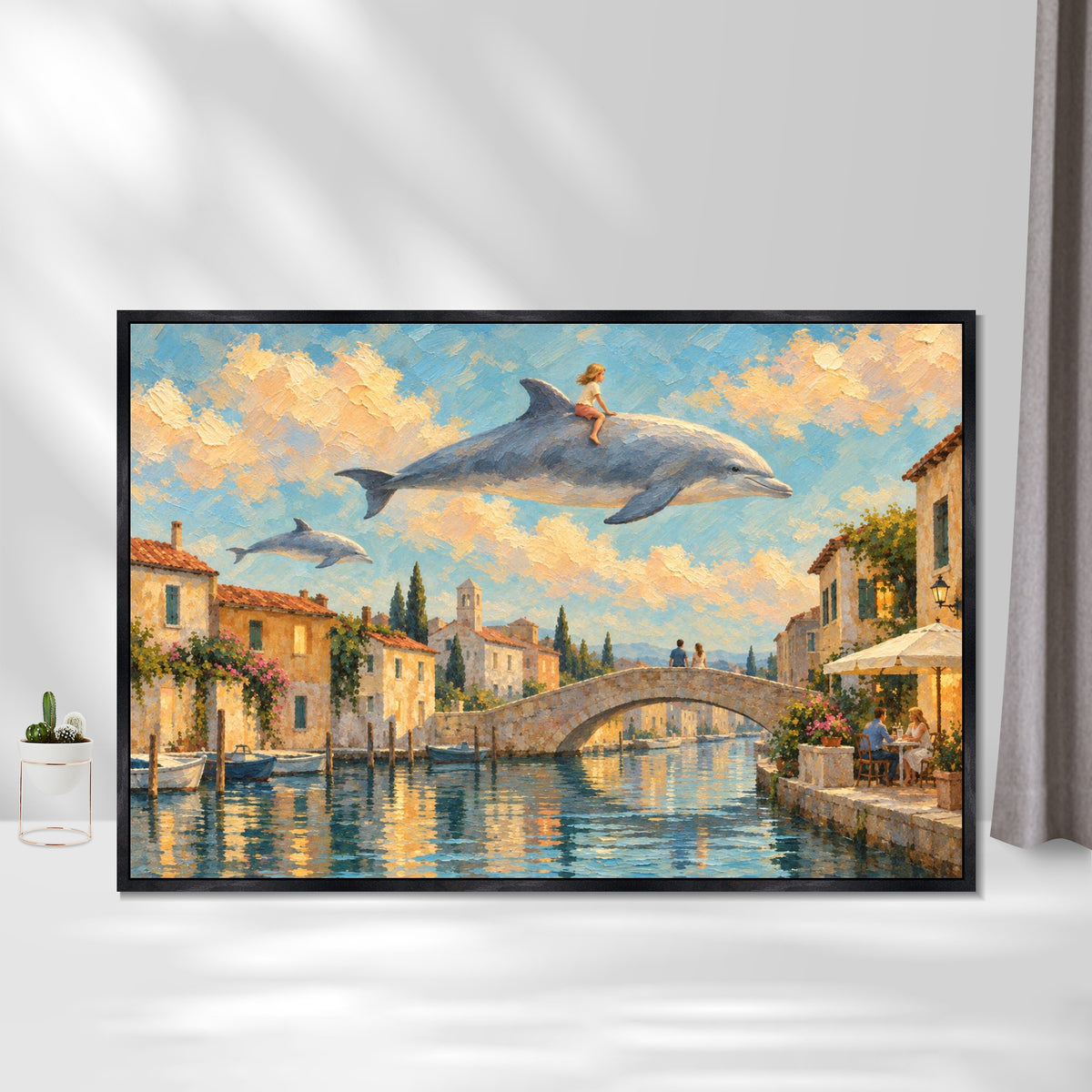 INVIN ART Framed Canvas 100% Handpainted Oil Painting Sky Dolphins Above the Canal Wall Art