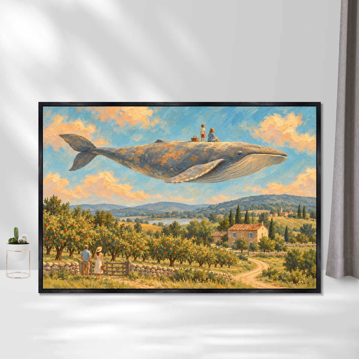 INVIN ART Framed Canvas 100% Handpainted Oil Painting Whale Above the Orchard Wall Art
