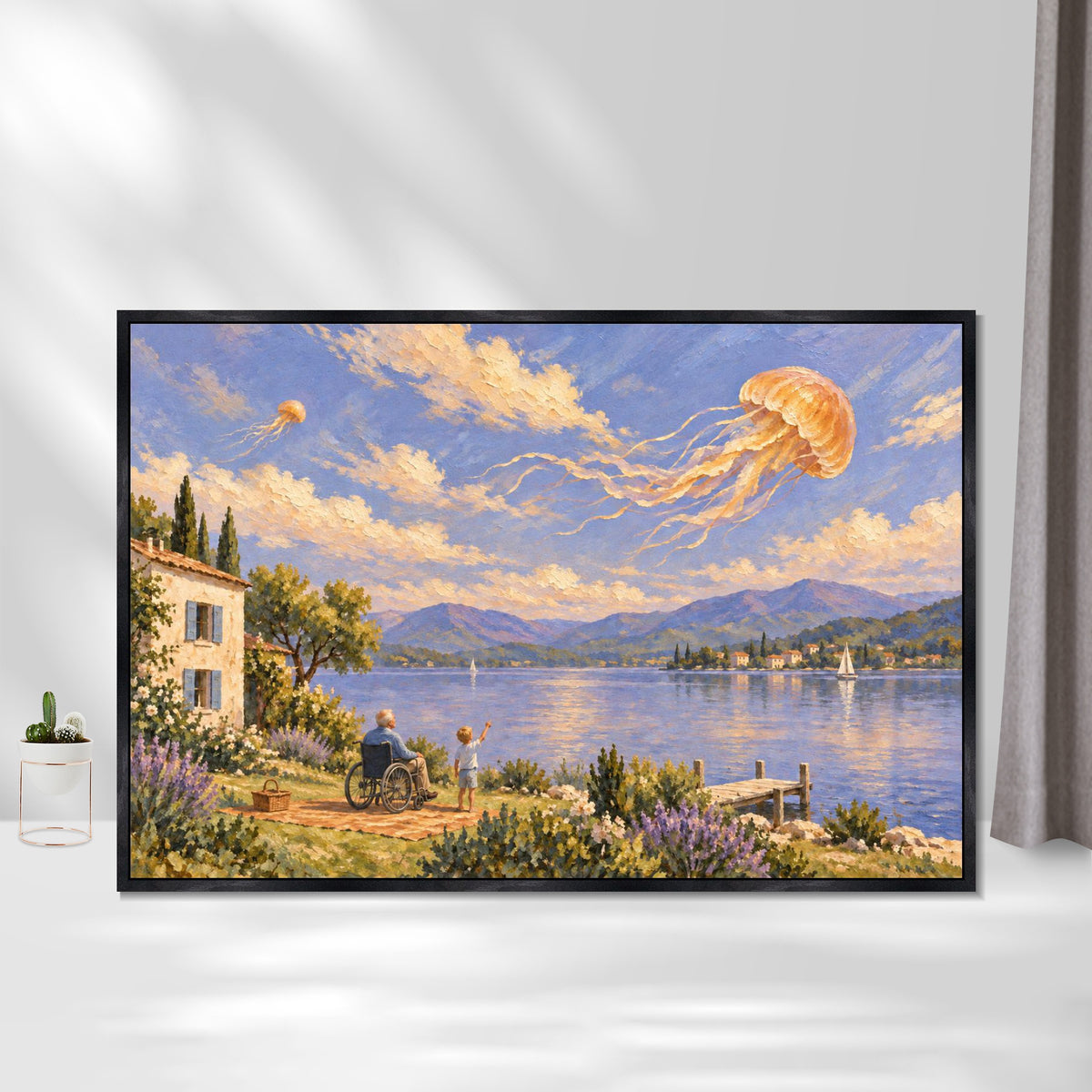 INVIN ART Framed Canvas 100% Handpainted Oil Painting Jellyfish Above the Lakeside Wall Art