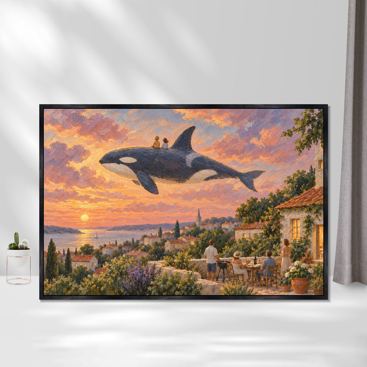 INVIN ART Framed Canvas 100% Handpainted Oil Painting Orca Above the Village Supper Wall Art