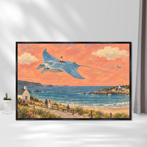 INVIN ART Framed Canvas 100% Handpainted Oil Painting Manta Ray Above the Bay Wall Art