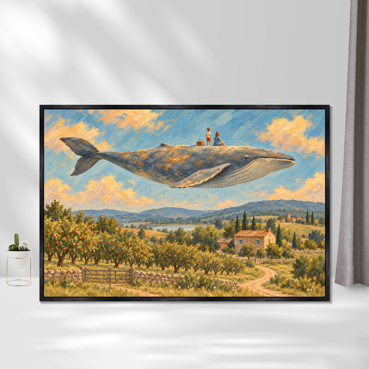 INVIN ART Framed Canvas 100% Handpainted Oil Painting Whale Above the Orchard Picnic Wall Art