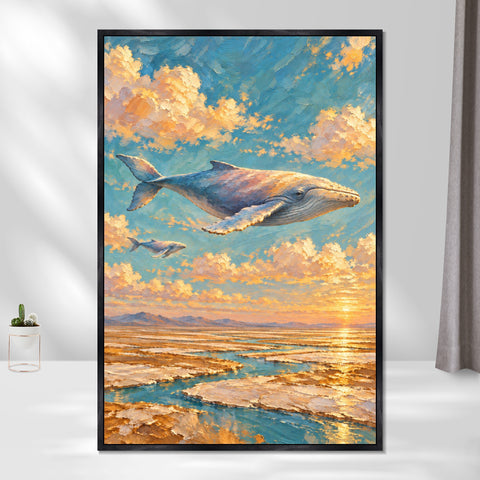 INVIN ART Framed Canvas 100% Handpainted Oil Painting Whale Above the Salt Flats Wall Art