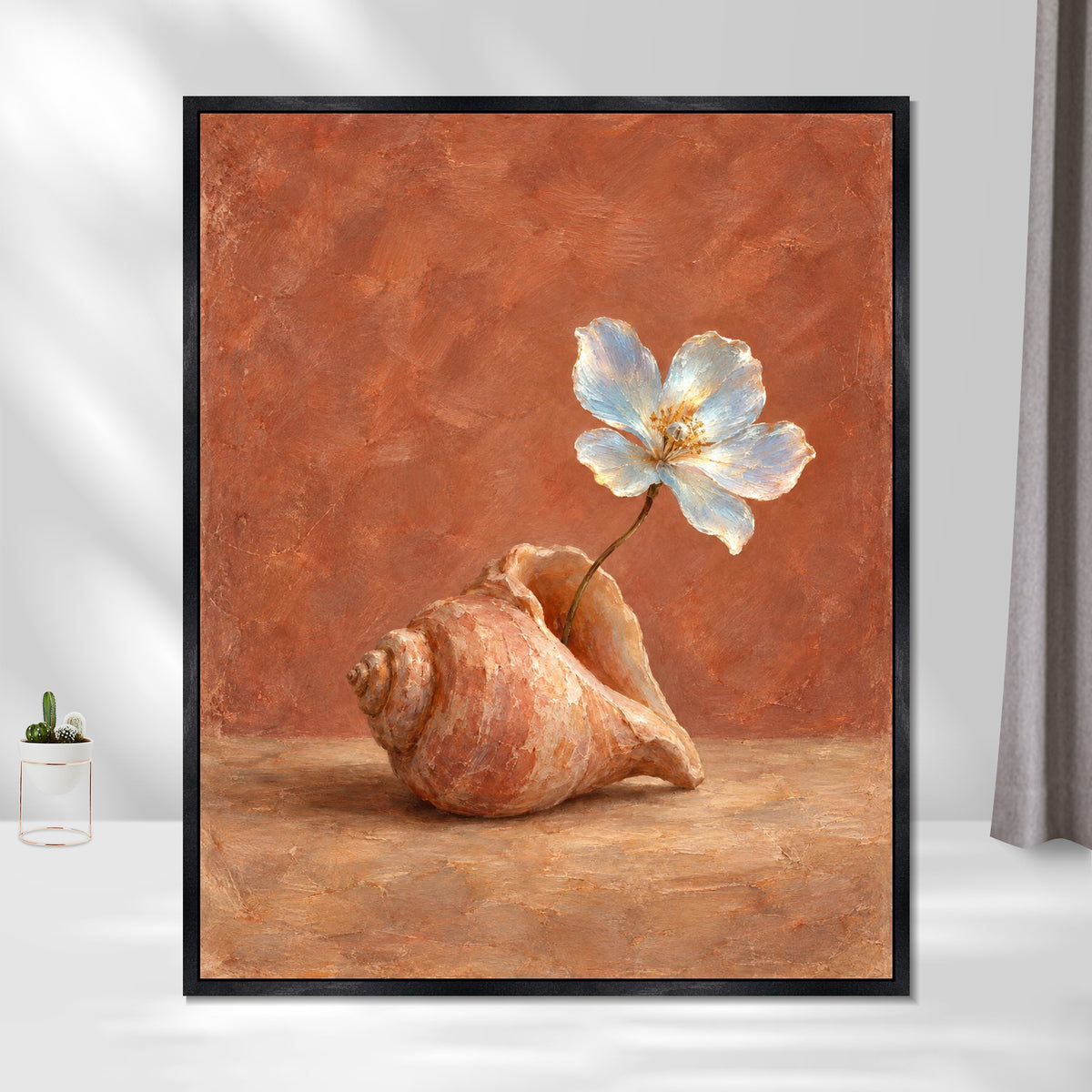 INVIN ART Framed Canvas 100% Handpainted Oil Painting A White Flower in a Shell Wall Art
