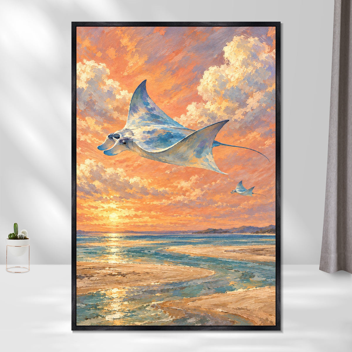 INVIN ART Framed Canvas 100% Handpainted Oil Painting Manta Rays in the Sunset Sky Wall Art