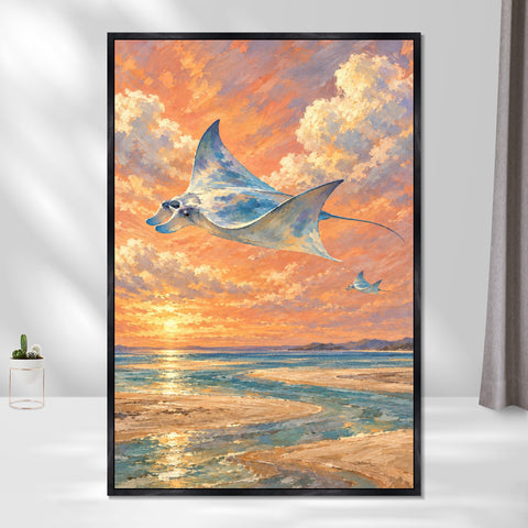 INVIN ART Framed Canvas 100% Handpainted Oil Painting Manta Rays in the Sunset Sky Wall Art