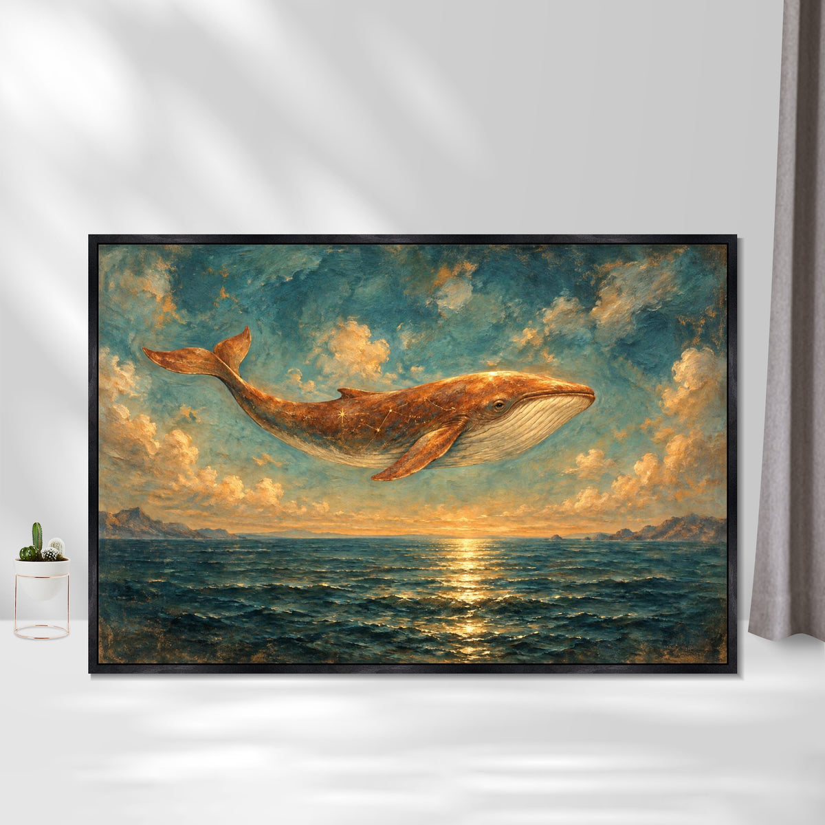 INVIN ART Framed Canvas 100% Handpainted Oil Painting Copper Whale Above the Sea Wall Art