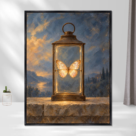 INVIN ART Framed Canvas 100% Handpainted Oil Painting Golden Butterfly in the Lantern Wall Art