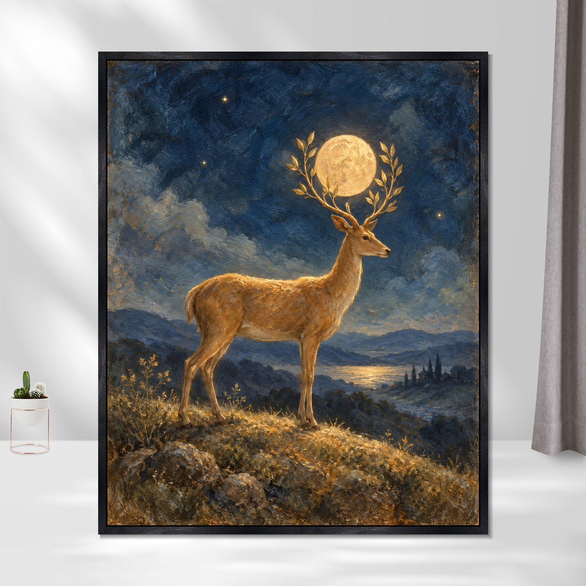 INVIN ART Framed Canvas 100% Handpainted Oil Painting Golden Deer Holding the Moon Wall Art