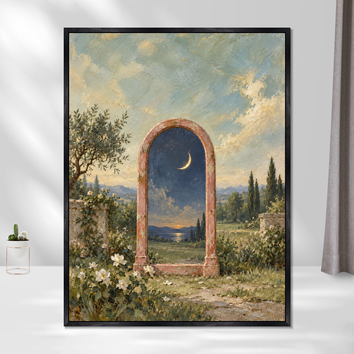 INVIN ART Framed Canvas 100% Handpainted Oil Painting Moonlit Mirror in the Garden Wall Art