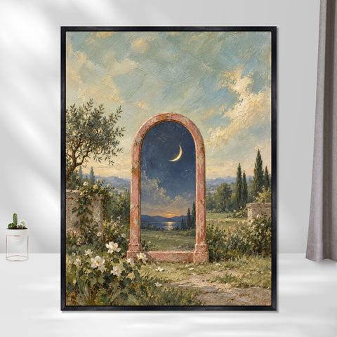 INVIN ART Framed Canvas 100% Handpainted Oil Painting Moonlit Mirror in the Garden Wall Art