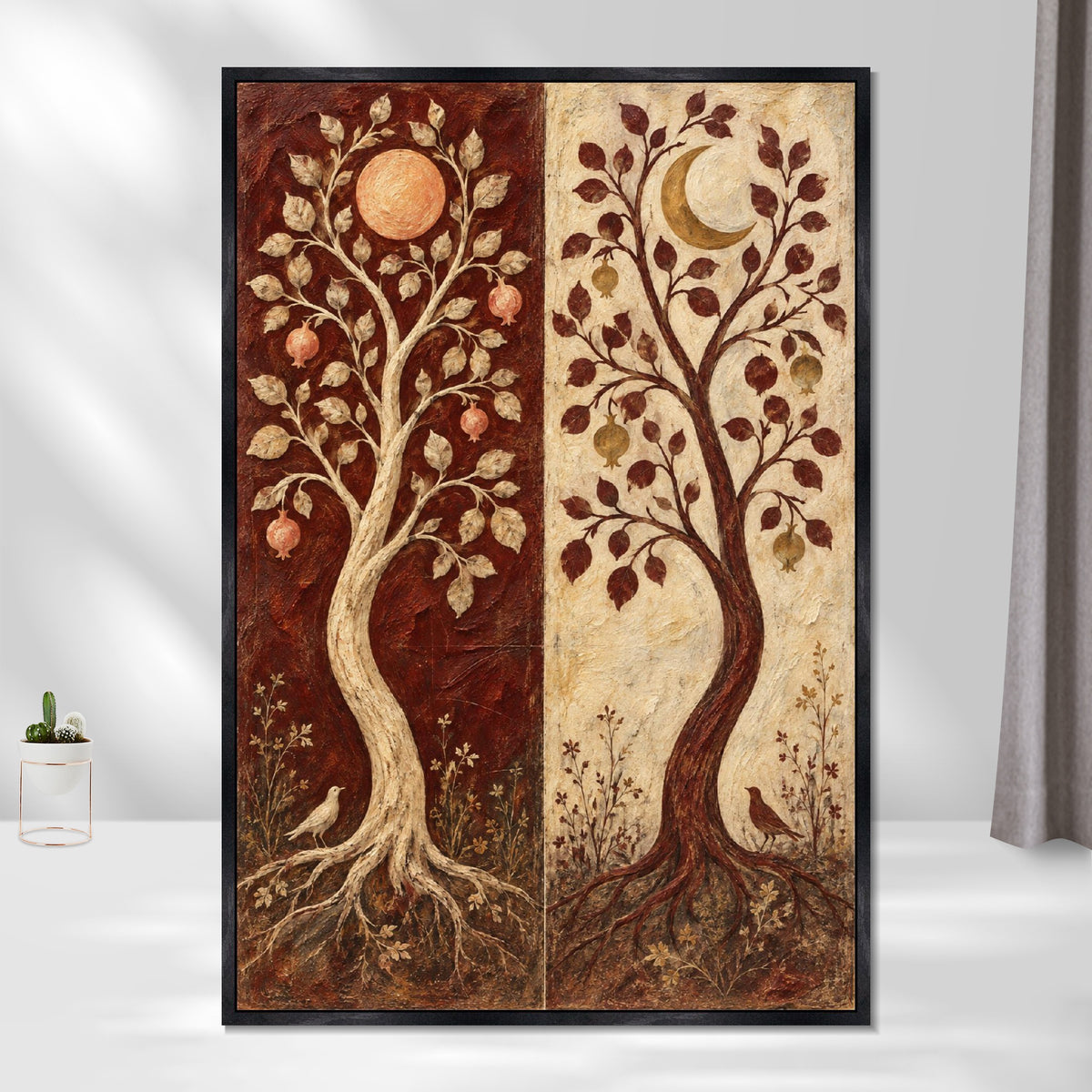 INVIN ART Framed Canvas 100% Handpainted Oil Painting Twin Trees in Burgundy and Ivory Wall Art