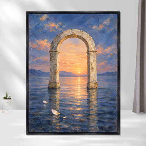 INVIN ART Framed Canvas 100% Handpainted Oil Painting Dawn Arch in Still Water Wall Art