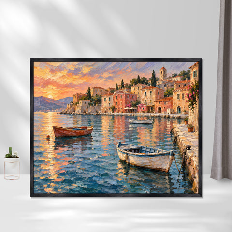 INVIN ART Framed Canvas 100% Handpainted Oil Painting Boats in the Evening Harbor Wall Art