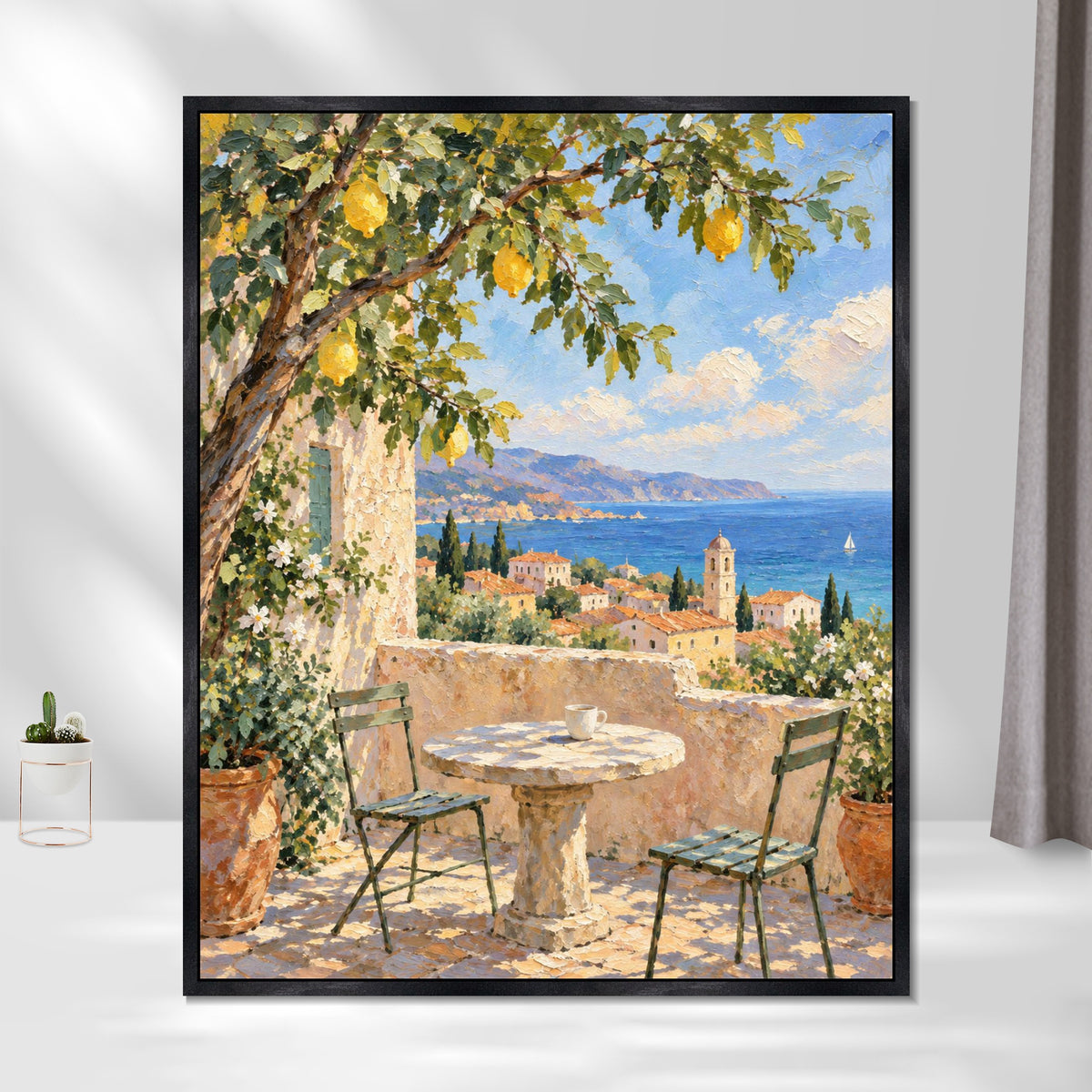 INVIN ART Framed Canvas 100% Handpainted Oil Painting Sea View Beneath the Lemon Tree Wall Art